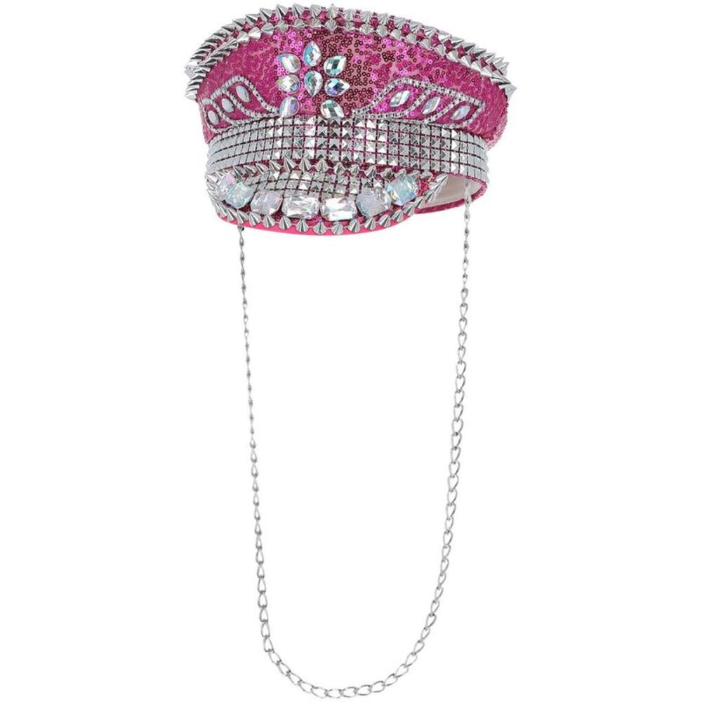 Fever Deluxe Studded Sequins Costume Captains Hat / Pink/Silver